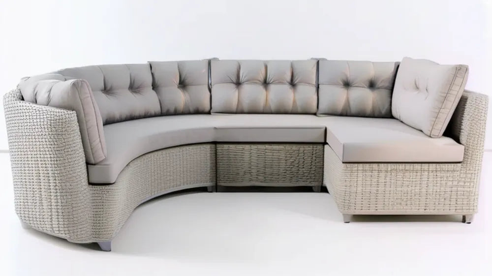 Łukowa narożna sofa ogrodowa z technorattanu PE beżowo-jasnoszara 290 × 190 × 85 cm
