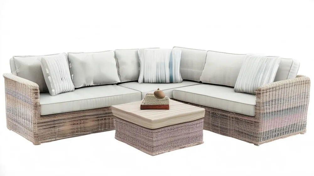 Narożna sofa ogrodowa z technorattanu PE ze stolikiem, beżowo-szara, 250 x 250 x 80 cm