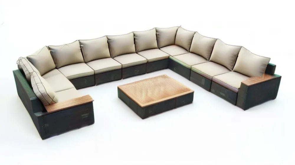 Modułowy komplet ogrodowy w kształcie U z technorattanu PE, czarny/beżowy/brązowy, 390 × 280 × 75 cm