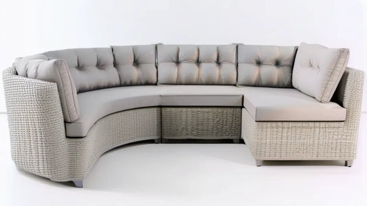 Łukowa narożna sofa ogrodowa z technorattanu PE beżowo-jasnoszara 290 × 190 × 85 cm