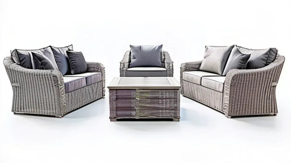 4-elementowy komplet wypoczynkowy z technorattanu szary/grafitowy, 2 sofy 150 x 82 x 78 cm, fotel i stolik 110 x 60 x 45 cm