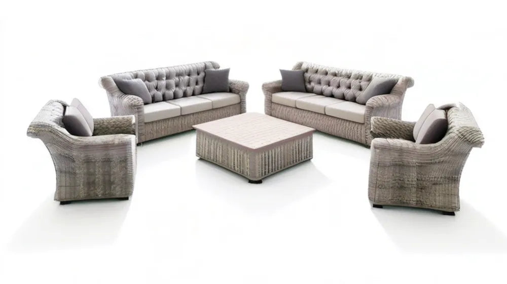Szary zestaw mebli ogrodowych z technorattanu – 2 sofy 180 x 75 x 78 cm, 2 fotele 85 x 75 x 78 cm, stolik 120 x 70 x 45 cm