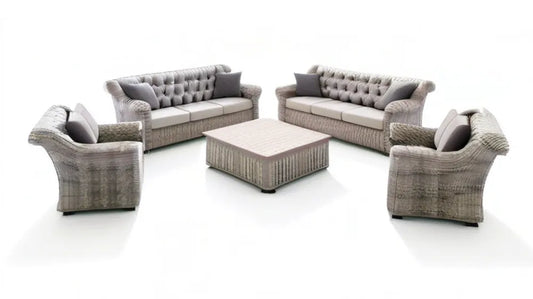 Szary zestaw mebli ogrodowych z technorattanu – 2 sofy 180 x 75 x 78 cm, 2 fotele 85 x 75 x 78 cm, stolik 120 x 70 x 45 cm