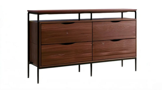 Komoda z 4 szufladami i otwartą półką, MDF i stal, brązowo-czarna, 120 × 35 × 85 cm