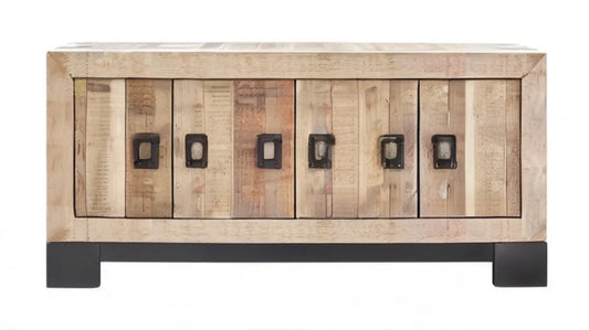 Kredens z litego drewna mango, 6 drzwi, naturalny beż/brąz/szary/czarny, 160 x 40 x 75 cm