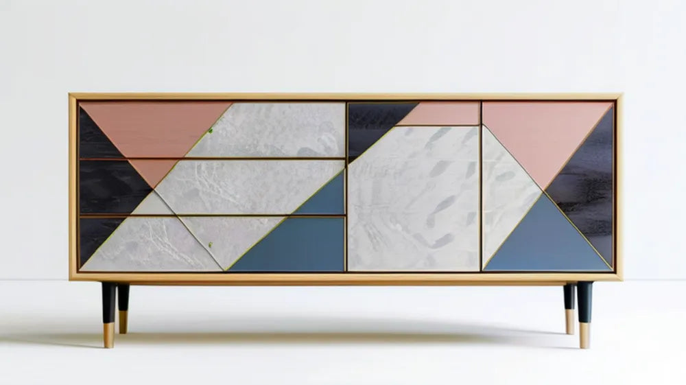Kredens MDF z geometrycznymi frontami różowy szary granatowy czarny biały złoty 180 x 40 x 85 cm