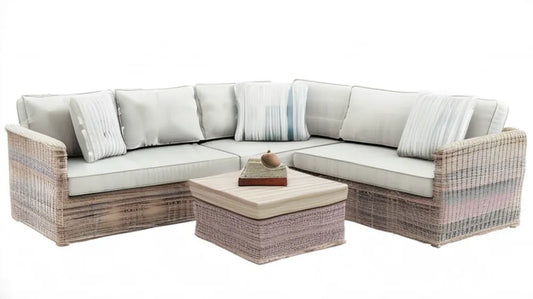 Narożna sofa ogrodowa z technorattanu PE ze stolikiem, beżowo-szara, 250 x 250 x 80 cm