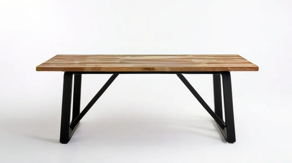 Prostokątny stół z litego drewna i stali, naturalny brąz/czarny, 180 x 90 x 75 cm