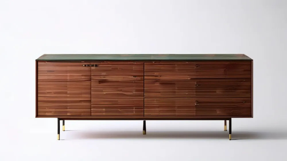 Bambusowa szafka z 3 przesuwnymi frontami i szklanym blatem 180 x 45 x 85 cm Brązowa/Czarna/Zielona/Złota