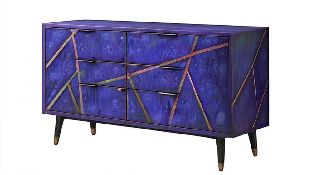Komoda granatowo-fioletowa z 6 szufladami, geometrycznym wzorem i metalowymi nogami, 160 x 40 x 80 cm
