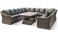 Brązowo-szary zestaw mebli ogrodowych z technorattanu, sofa narożna 250 × 200 cm i stolik 120 × 70 cm